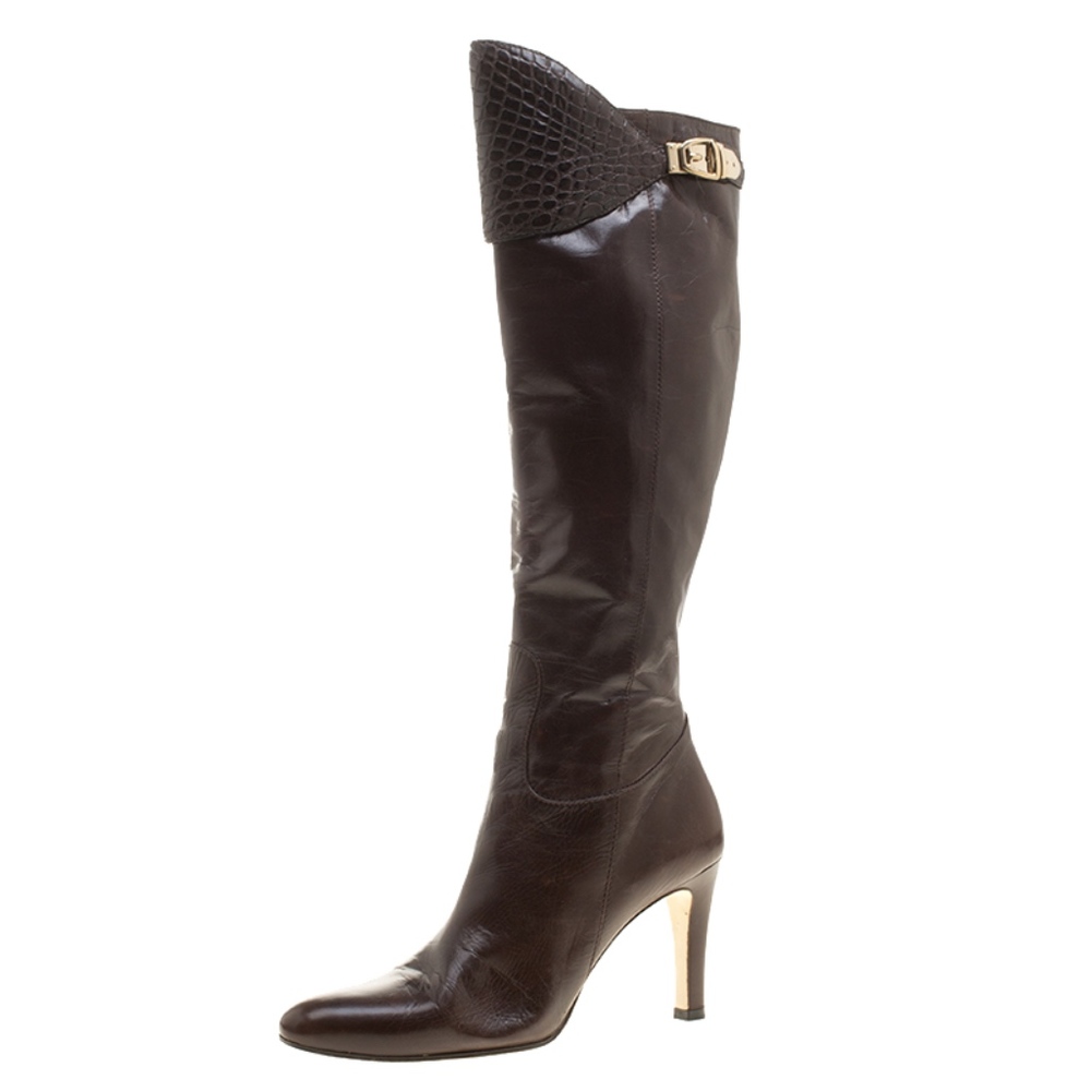 Authentic Gucci Brown Leather Croc Trimmed Boots